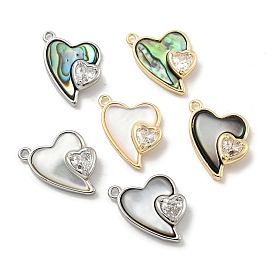 Natural Shell Pendants, Brass Pave Clear Glass Heart Charms