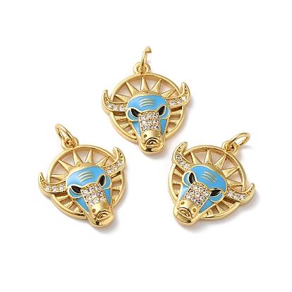 Latón chapado latón micro pavimentar cúbicos zirconia colgantes, con anilla y esmalte, sin plomo y el cadmio, encanto de ganado, real 18 k chapado en oro
