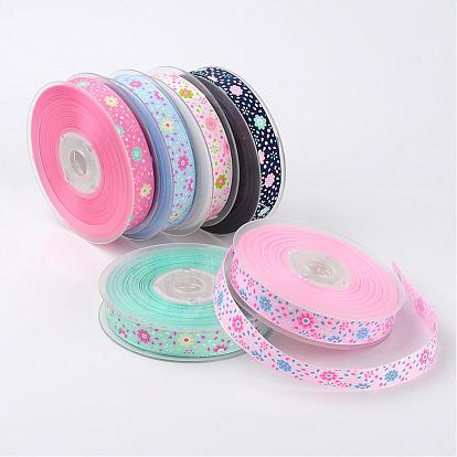 Flower Pattern Printed Polyester Grosgrain Ribbon, for Party Gift Packing