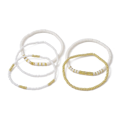 5Pcs 5 Style Polymer Clay Disc & Synthetic Hematite & Seed Beaded Stretch Bracelets Set, Stackable Bracelets
