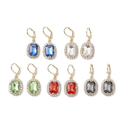 Brass Micro Pave Cubic Zirconia Leverback Earring, with Glass Finding, Rectangle