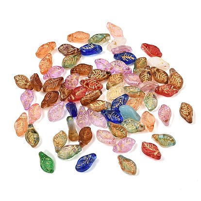 Baking Paint and Golden Metal Enlaced Glass Pendants, Leaf Charms