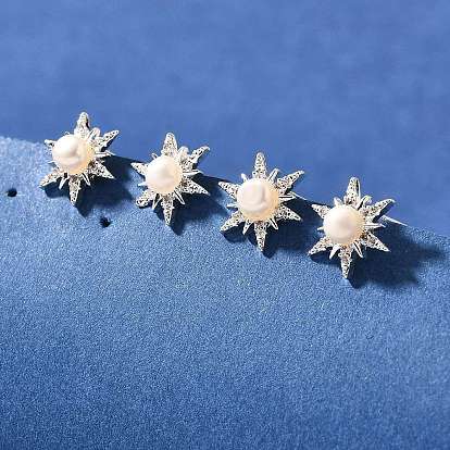 Натуральные жемчужные ушные шпильки, с латунным микропаве из прозрачных кубических цирконий и 925 булавкой из стерлингового серебра, звезда