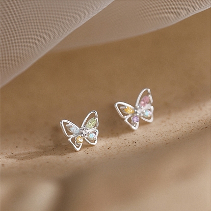 Sparkling Cubic Zirconia Stud Earrings with 925 Sterling Silver Pins, Butterfly