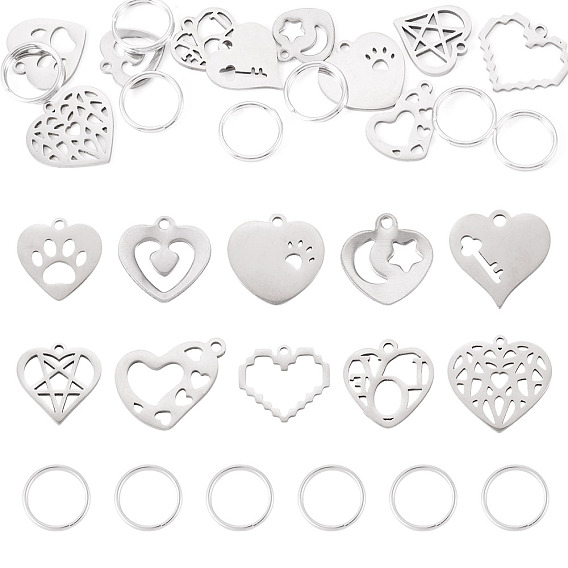 10 шт 10 стили 201 подвески из нержавеющей стали, лазерная резка, шарма сердца, с 10шт. разъемными кольцами