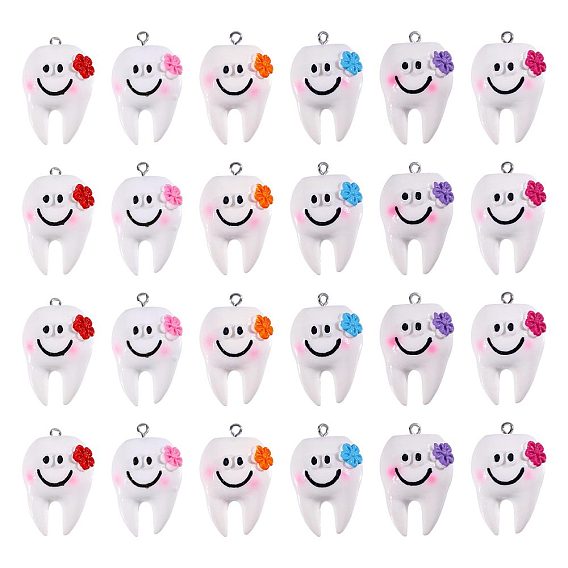 24Pcs 6 Colors Opaque Resin Pendants, Smiling Tooth with Flower Charm, with Platinum Iron Loop