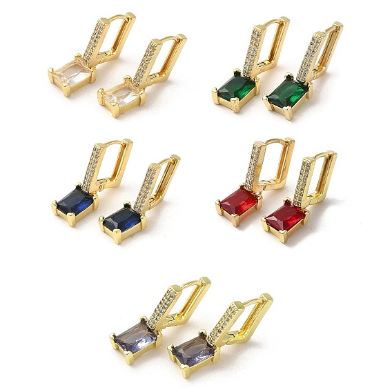 Прямоугольные серьги-кольца из настоящей 18k позолоченной латуни, с фианитами и стекла