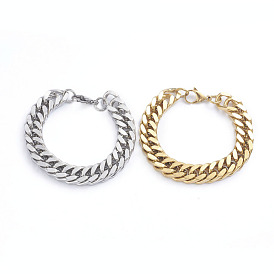 Men's 304 Stainless Steel Diamond Cut Cuban Link Chain Bracelets, with Lobster Claw Clasps