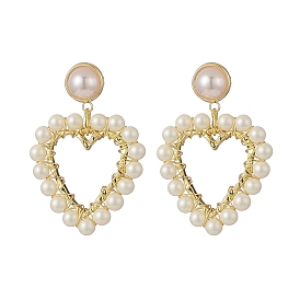 Boucles d'oreilles pendantes perlées coquillage enveloppées, boucle d'oreille perle imitation plastique ABS coeur laiton pour femme