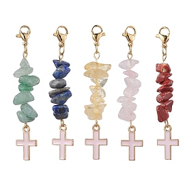 Natural Mixed Gemstone Pendant Decorations, with Alloy Enamel Pendants, Cross
