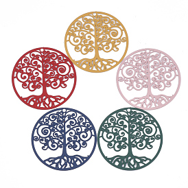 430 Stainless Steel Filigree Pendants, Spray Painted, Etched Metal Embellishments, Flat Round with Tree of Life