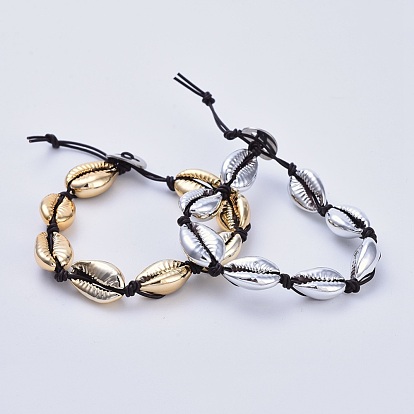 Electroplated Cowrie Shell Bead Bracelets, with Cowhide Leather Cord and 304 Stainless Steel Buttons