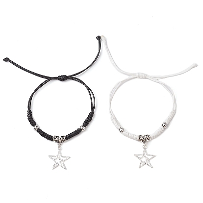 2Pcs 2 Color Alloy Star Charm Bracelets Set, Polyester Cord Adjustable Bracelets