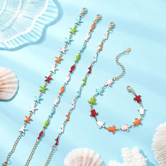 304 браслеты-цепочки с эмалевыми звеньями из нержавеющей стали, с 304 удлинителями цепи из нержавеющей стали