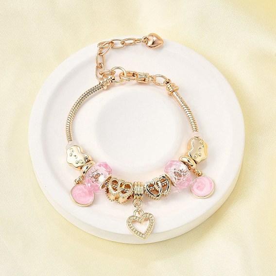 Сплав эмаль европейские бусины браслеты с подвесками, браслеты из змеиной цепи для женщин, сердце и плоский круг и облако, со смоляными и силиконовыми бусинами, без свинца и без кадмия