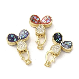 Brass Micro Pave Clear Cubic Zirconia Fold Over Clasps, with Enamel & Shell, Long-Lasting Plated, Lead Free & Cadmium Free, Real 18K Gold Plated, Clover