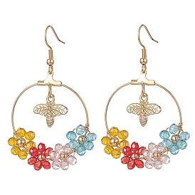 Glass Beaded Flower & Alloy Bee Dangle Earrings, Golden 304 Stainless Steel Wire Wrap Jewelry for Women