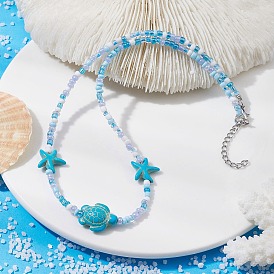 Synthetic Turquoise Starfish & Turtle & Seed Beaded Necklace for Women