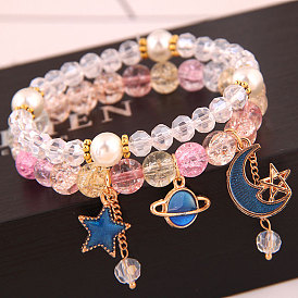 2шт 2 стильные стеклянные круглые браслеты из бисера стрейч набор, браслеты из сплава звезды, луны и планеты для женщин