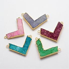Electroplate Natural Druzy Crystal Links/Connectors, Dyed, with Golden Plated Brass Findings, Arrowhead