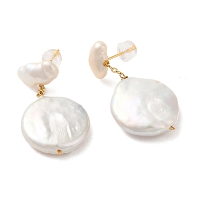 Sterling Silver Stud Earrings, with Natural Pearl, Jewely for Women, Flat Round