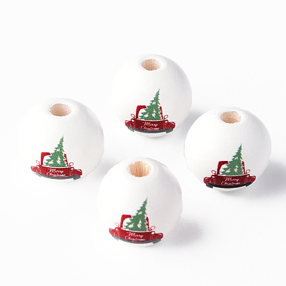 Painted Natural Wood Round Beads,  Car with Christmas Tree Pattern