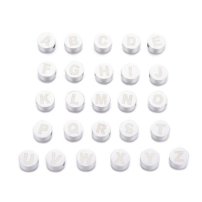 304 billes d'acier inoxydable, trou horizontal, plat rond avec alphabet blanc, couleur inox