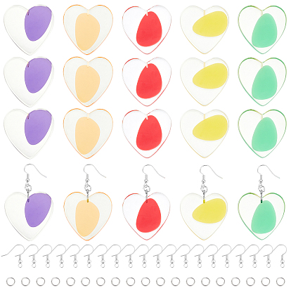 Kits de fabricación de pendientes colgantes de bricolaje, 20 piezas 5 colores corazón cuentas de resina transparentes, con anillas y pasador de hierro, Ganchos del pendientes de latón