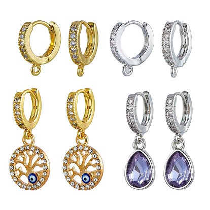 8Pcs 2 Colors Brass Huggie Hoop Earring Findings, with Cubic Zirconia, Lead Free & Cadmium Free