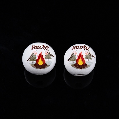 Camping Theme Printed Wooden Beads, Round with Fire/Vehicle/Camping Themed Pattern
