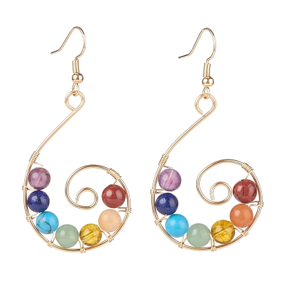 Natural & Synthetic Mixed Gemstone Braided Vortex Dangle Earrings, Brass Wire Wrap 7 Chakra Jewelry for Women