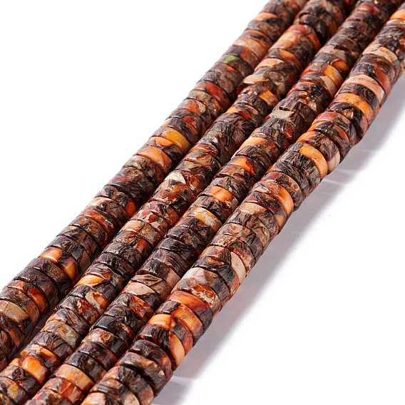 Assembled Synthetic Bronzite and Imperial Jasper Beads Strands, Dyed, Heishi Beads, Flat Round/Disc