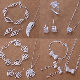 Латунное ожерелье с подвеской, серьга-гвоздик и кольцо, 925 серебро покрытием