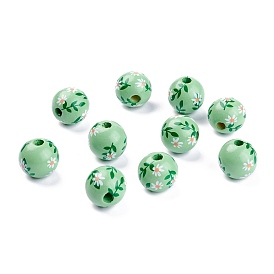 Spray Painted Natural Wood Beads, Round with Flower Pettern