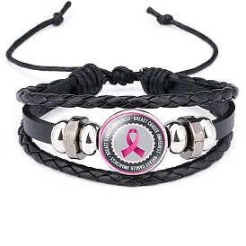 Imitation Leather Triple Layer Multi-strand Bracelet, October Breast Cancer Pink Awareness Ribbon Alloy Glass Links Adjustable Bracelet for Women