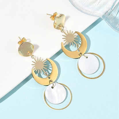 Natural Shell Stud Dangle Earrings, Moon with Sun, Brass Stud Earrings for Women
