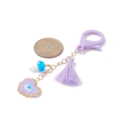 Heart Handmade Loom Pattern Seed Beads Pendant Decorations, with Lampwork Mushroom and Tassel Charms, Lobster Claw Clasp