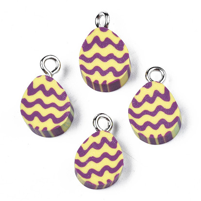 Handmade Polymer Clay Charms, with Platinum Tone Iron Loop, Easter Egg