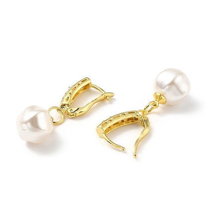 Plastic Pearl Dangle Hoop Earrings with Clear Cubic Zirconia, Brass Jewelry for Women, Lead Free & Cadmium Free & Nickel Free