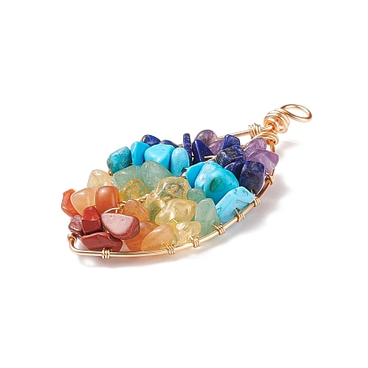 Chakra Natural Gemstone Chip Big Pendants, Natural Red Jasper & Red Aventurine & Howlite & Citrine & Amethyst & Green Aventurine & Lapis Lazuli, with Copper Wire Wrapped, Leaf, Mixed Dyed and Undyed