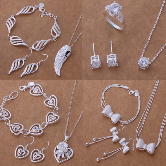 Латунное ожерелье с подвеской, серьга-гвоздик и кольцо, 925 серебро покрытием