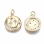 Brass Micro Pave Clear Cubic Zirconia Pendants, Nickel Free, with Jump Rings, Flat Round with Moon & Star