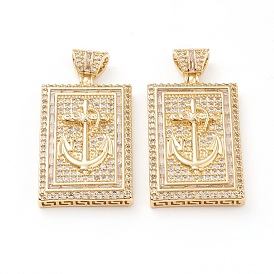 Brass Micro Pave Clear Cubic Zirconia Pendants, Long-Lasting Plated, Rectangle with Anchor