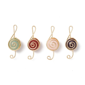 4Pcs 4 Styles Natural Amethyst & Carnelian & Green Aventurine & Rose Quartz Round Copper Wire Wrapped Pendants, Musical Note Charms, Golden