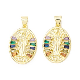 Rack Plating Brass Micro Pave Cubic Zirconia Pendants, Real 18K Gold Plated, Long-Lasting Plated, Oval with Death