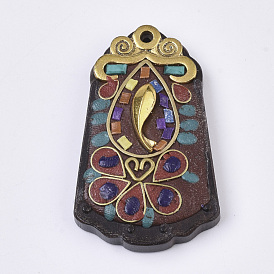 Buddha Theme Handmade Indonesia Big Pendants, with Alloy Findings, Sandalwood and Resin, Fish, Trapezoid