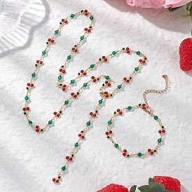 Комплекты браслетов и ожерелий из латунной эмали с вишневыми звеньями, 304 нержавеющей стали ювелирных изделий