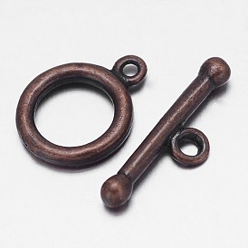 Brushed Red Copper Brass Ring Toggle Clasps, Nickel Free, Ring: 15x11x2mm, Bar: 6x19x3mm, Hole: 1mm