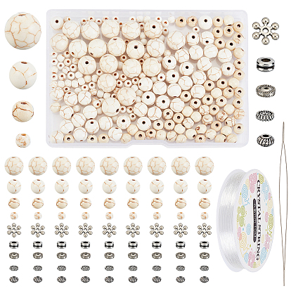 DIY Synthetic Turquoise Bracelet Making Kit, Including 200pcs Round Synthetic Turquoise Beads, 1Pc Beading Needles, 50Pcs Alloy Beads, Elastic Thread