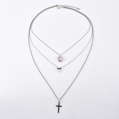 Stylish Multi-layered Necklace with Zircon Heart Angel Cross Pendant A0207